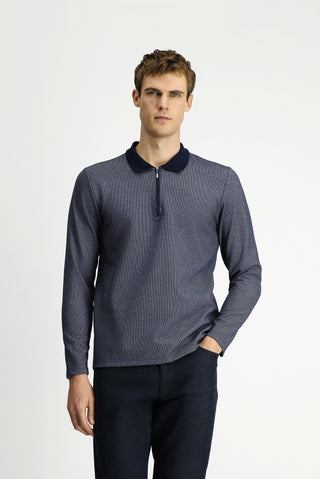  Açık Lacivert Polo Yaka Regular Fit Desenli Fermuarlı Pamuklu Sweatshirt