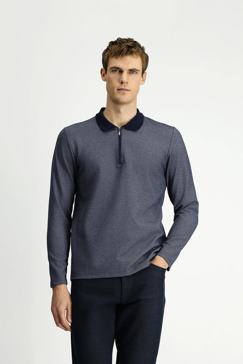 Açık Lacivert Polo Yaka Regular Fit Desenli Fermuarlı Pamuklu Sweatshirt