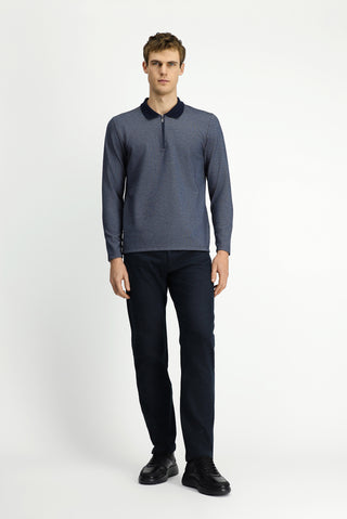  Açık Lacivert Polo Yaka Regular Fit Desenli Fermuarlı Pamuklu Sweatshirt