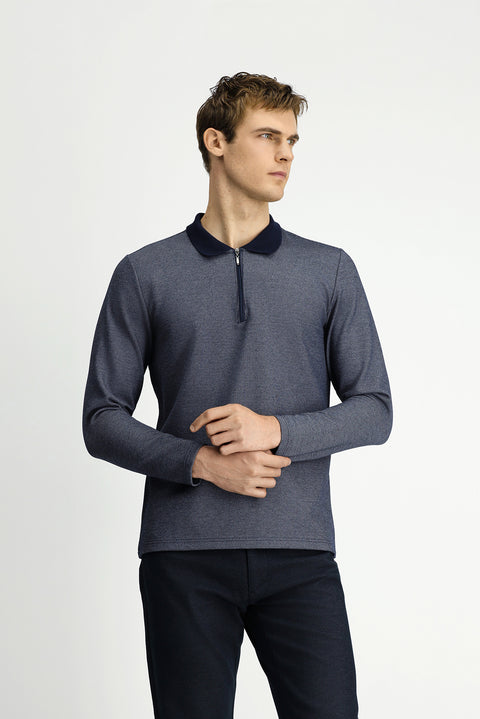 Açık Lacivert Polo Yaka Regular Fit Desenli Fermuarlı Pamuklu Sweatshirt