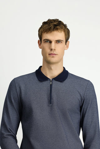 Açık Lacivert Polo Yaka Regular Fit Desenli Fermuarlı Pamuklu Sweatshirt
