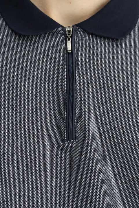 Açık Lacivert Polo Yaka Regular Fit Desenli Fermuarlı Pamuklu Sweatshirt