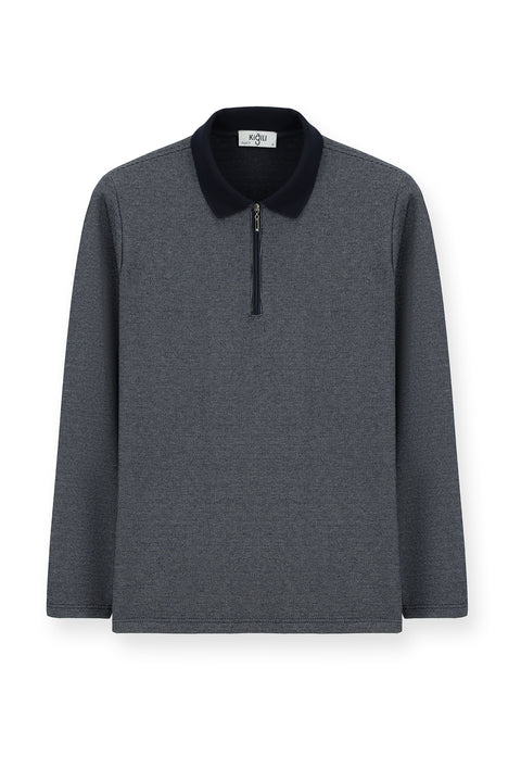 Açık Lacivert Polo Yaka Regular Fit Desenli Fermuarlı Pamuklu Sweatshirt