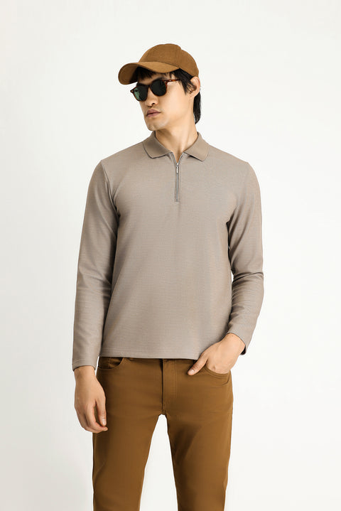 Orta Vizon Polo Yaka Regular Fit Desenli Fermuarlı Pamuklu Sweatshirt