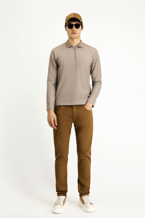 Orta Vizon Polo Yaka Regular Fit Desenli Fermuarlı Pamuklu Sweatshirt