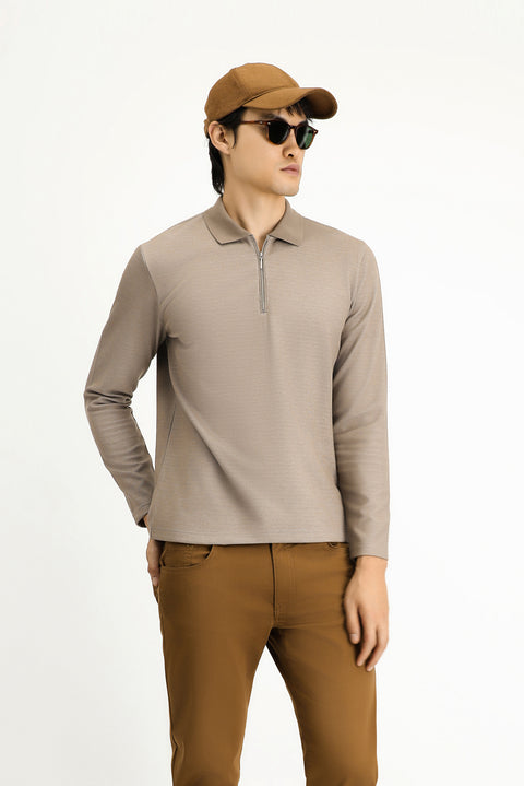 Orta Vizon Polo Yaka Regular Fit Desenli Fermuarlı Pamuklu Sweatshirt