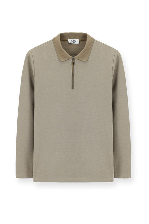 Orta Vizon Polo Yaka Regular Fit Desenli Fermuarlı Pamuklu Sweatshirt