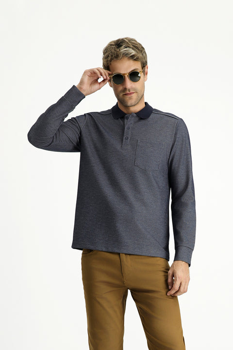 Orta Lacivert Polo Yaka Regular Fit Desenli Sweatshirt