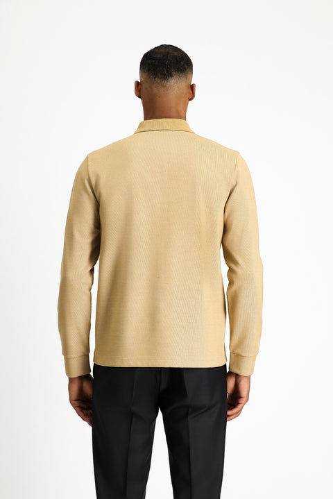 Orta Bej Polo Yaka Regular Fit Desenli Sweatshirt