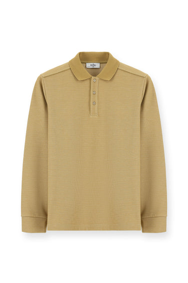 Orta Bej Polo Yaka Regular Fit Desenli Sweatshirt