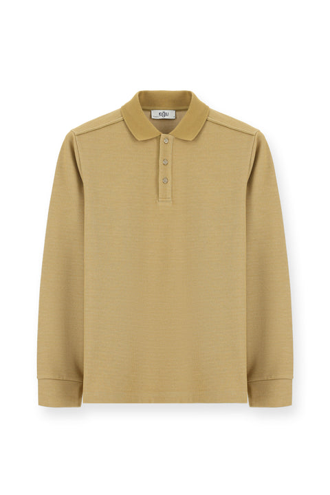 Orta Bej Polo Yaka Regular Fit Desenli Sweatshirt