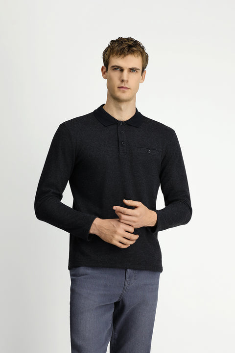 Dark Anthracite Melange Polo Collar Regular Fit Pocket Sweatshirt