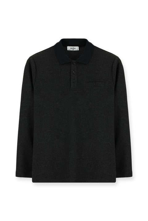 Dark Anthracite Melange Polo Collar Regular Fit Pocket Sweatshirt