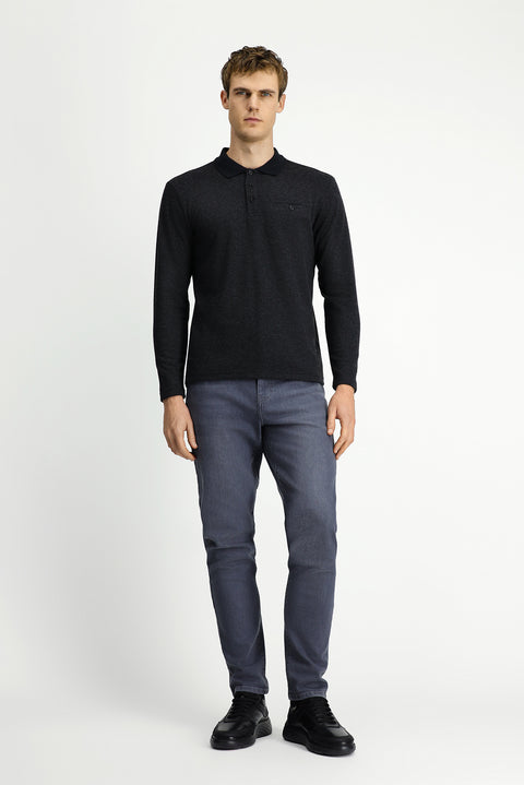 Dark Anthracite Melange Polo Collar Regular Fit Pocket Sweatshirt