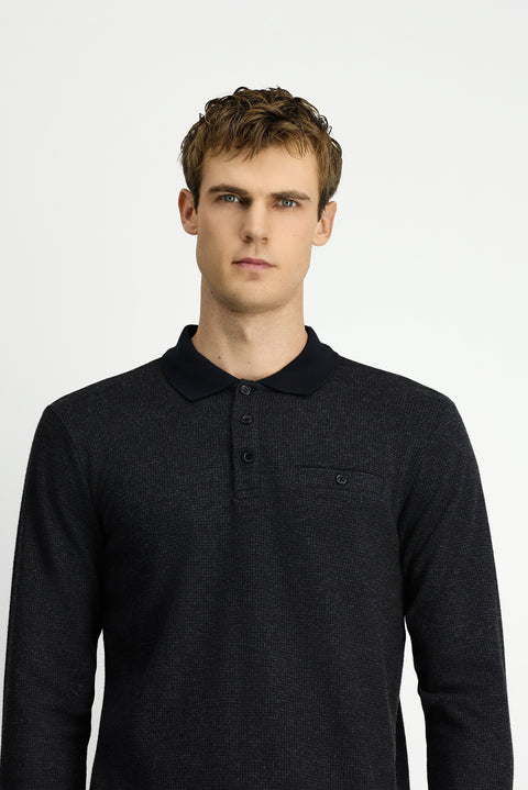 Dark Anthracite Melange Polo Collar Regular Fit Pocket Sweatshirt