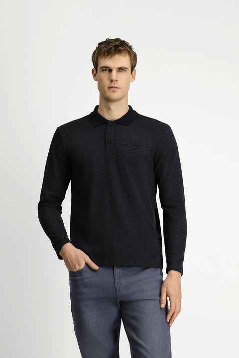 Dark Anthracite Melange Polo Collar Regular Fit Pocket Sweatshirt