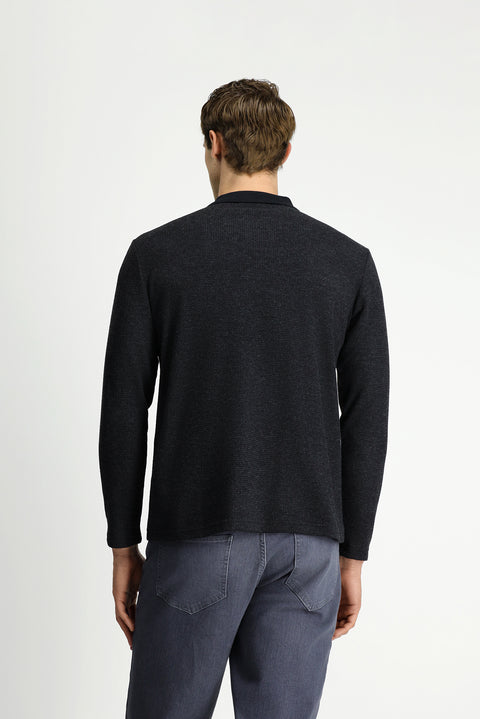 Dark Anthracite Melange Polo Collar Regular Fit Pocket Sweatshirt