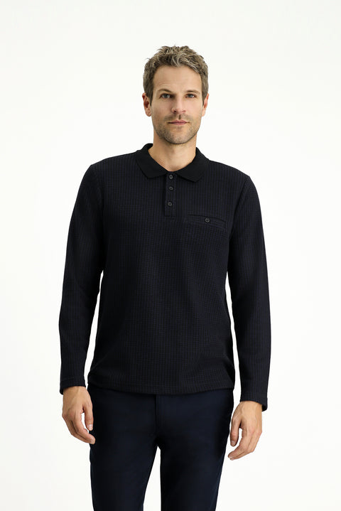 Koyu Lacivert Polo Yaka Regular Fit Desenli Sweatshirt