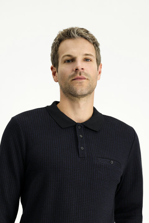 Dark Navy Polo Collar Regular Fit Patterned Sweatshirt