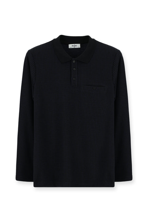 Koyu Lacivert Polo Yaka Regular Fit Desenli Sweatshirt