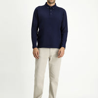 Koyu Lacivert Polo Yaka Regular Fit Çizgili Pamuk Sweatshirt