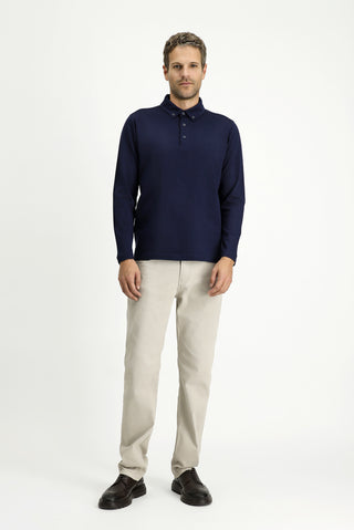  Koyu Lacivert Polo Yaka Regular Fit Çizgili Pamuk Sweatshirt