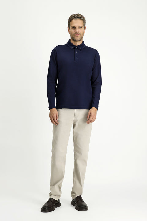 Koyu Lacivert Polo Yaka Regular Fit Çizgili Pamuk Sweatshirt