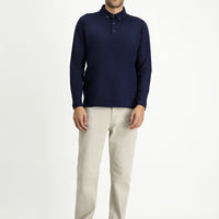 Koyu Lacivert Polo Yaka Regular Fit Çizgili Pamuk Sweatshirt