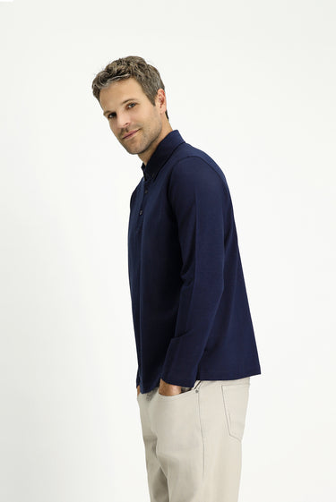  Koyu Lacivert Polo Yaka Regular Fit Çizgili Pamuk Sweatshirt