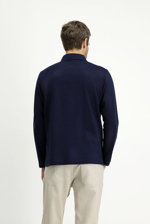 Koyu Lacivert Polo Yaka Regular Fit Çizgili Pamuk Sweatshirt