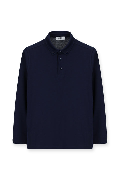 Koyu Lacivert Polo Yaka Regular Fit Çizgili Pamuk Sweatshirt