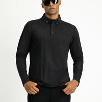 Koyu Antrasit Melanj Polo Yaka Regular Fit Çizgili Pamuk Sweatshirt