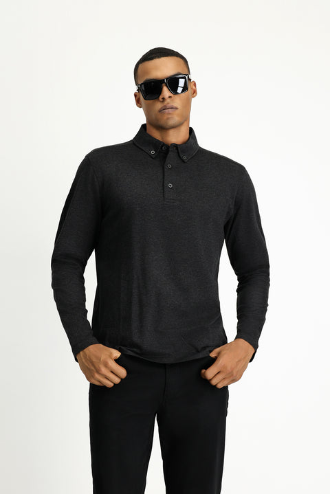 Koyu Antrasit Melanj Polo Yaka Regular Fit Çizgili Pamuk Sweatshirt