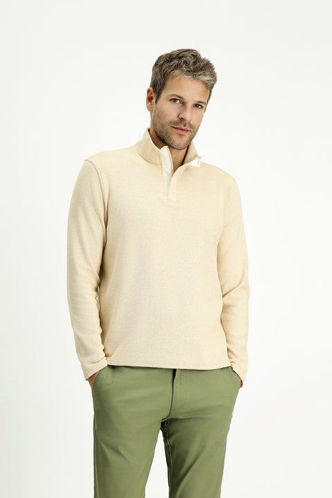 Açık Bej Yarım Balıkçı Yaka Regular Fit Fermuarlı Çizgili Pamuklu Sweatshirt