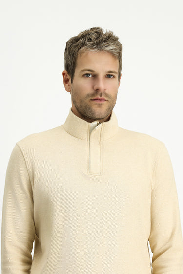 Açık Bej Yarım Balıkçı Yaka Regular Fit Fermuarlı Çizgili Pamuklu Sweatshirt