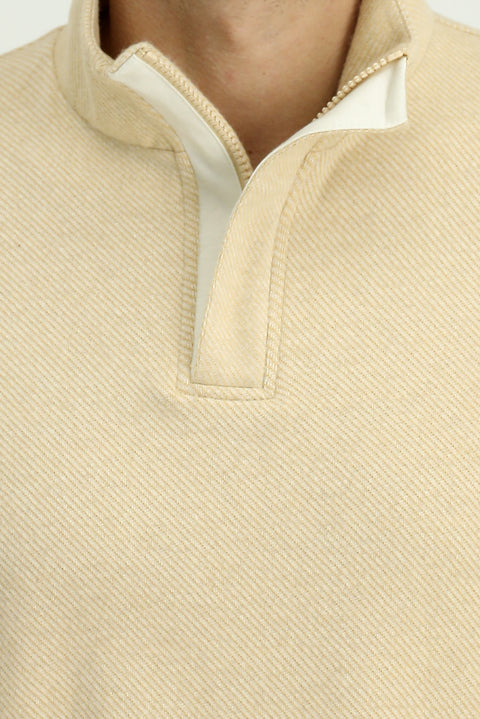 Açık Bej Yarım Balıkçı Yaka Regular Fit Fermuarlı Çizgili Pamuklu Sweatshirt