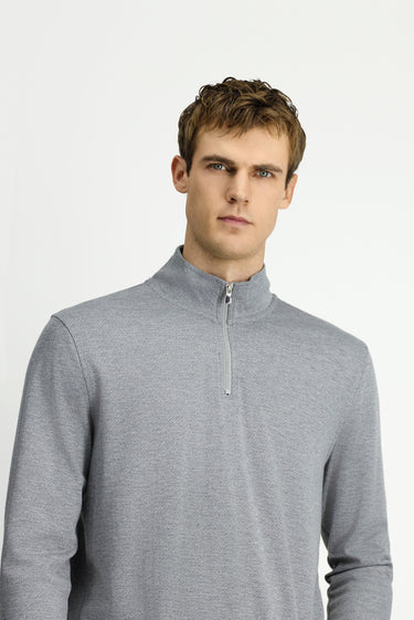 Orta Gri Melanj Yarım Balıkçı Yaka Regular Fit Fermuarlı Desenli Sweatshirt