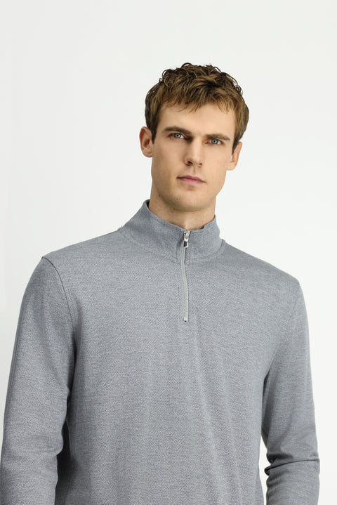 Orta Gri Melanj Yarım Balıkçı Yaka Regular Fit Fermuarlı Desenli Sweatshirt