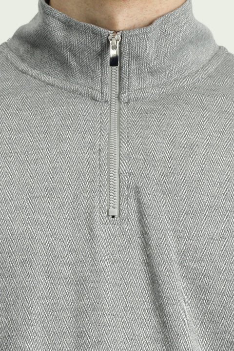Orta Gri Melanj Yarım Balıkçı Yaka Regular Fit Fermuarlı Desenli Sweatshirt