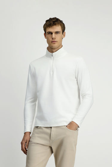 Kırık Beyaz Yarım Balıkçı Yaka Regular Fit Fermuarlı Pamuklu Sweatshirt