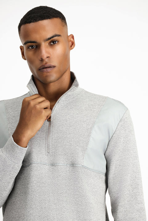 Orta Gri Melanj Yarım Balıkçı Yaka Oversize Fermuarlı Desenli Pamuklu Sweatshirt