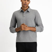 Orta Gri Melanj Polo Yaka Slim Fit Dar Kesim Desenli Sweatshirt