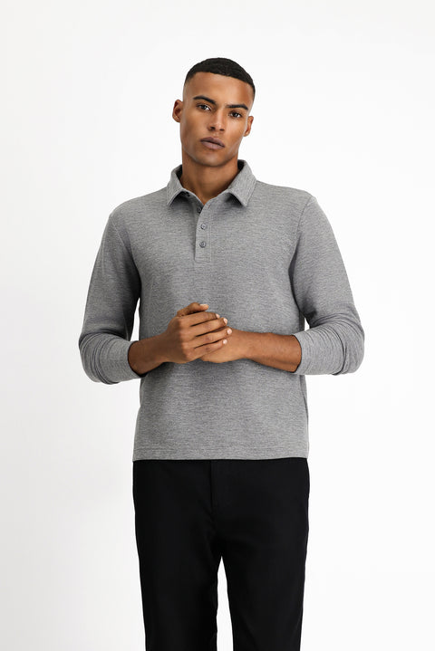 Orta Gri Melanj Polo Yaka Slim Fit Dar Kesim Desenli Sweatshirt