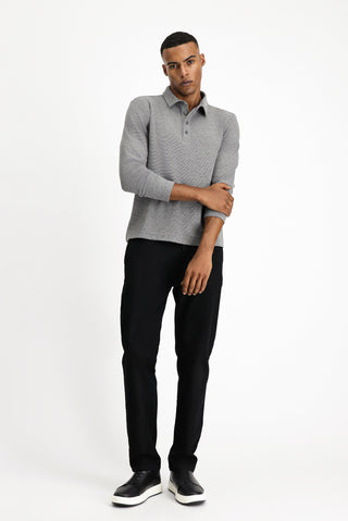  Orta Gri Melanj Polo Yaka Slim Fit Dar Kesim Desenli Sweatshirt