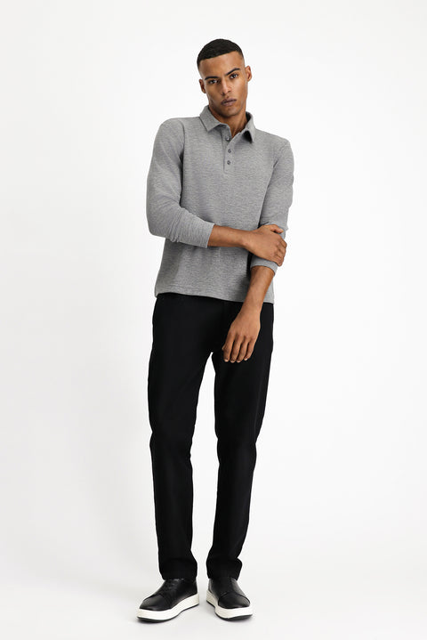 Orta Gri Melanj Polo Yaka Slim Fit Dar Kesim Desenli Sweatshirt