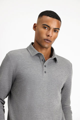  Orta Gri Melanj Polo Yaka Slim Fit Dar Kesim Desenli Sweatshirt