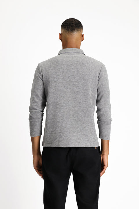 Orta Gri Melanj Polo Yaka Slim Fit Dar Kesim Desenli Sweatshirt