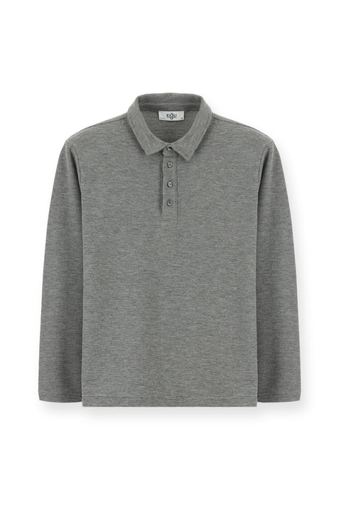 Orta Gri Melanj Polo Yaka Slim Fit Dar Kesim Desenli Sweatshirt