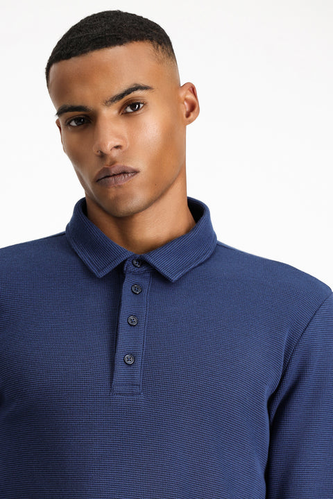 Koyu Lacivert Polo Yaka Slim Fit Dar Kesim Desenli Sweatshirt