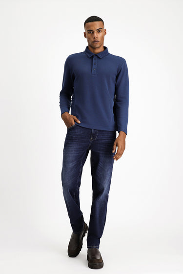  Koyu Lacivert Polo Yaka Slim Fit Dar Kesim Desenli Sweatshirt